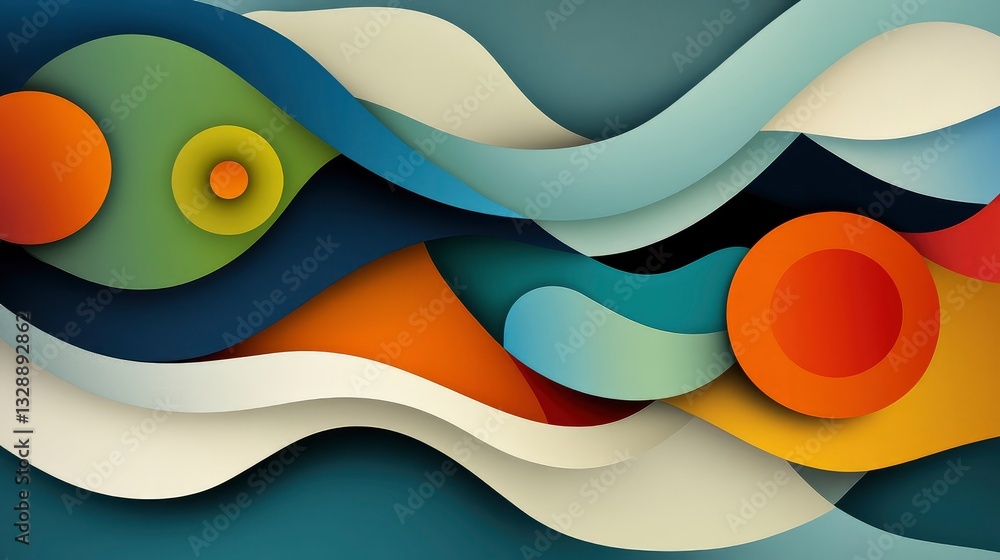 Poster abstract wavy background with colorful layers and circles.