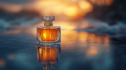 Luxurious Perfume Bottle at Sunset Golden Hour Reflection Aromatic Fragrance