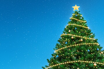 Fototapeta premium Decorated Christmas Tree with Star and Lights Against Snowy Blue Background
