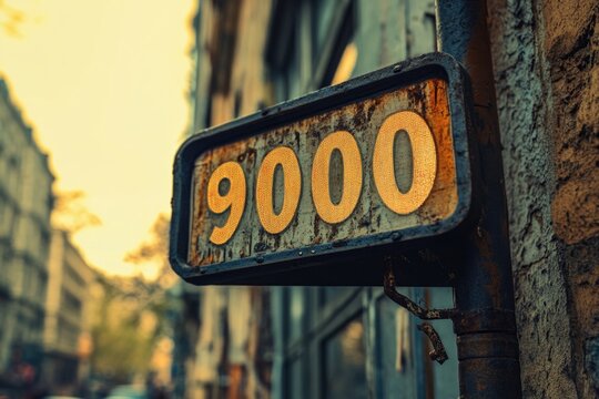 A street sign featuring the unique number 9000, useful for urban and modern scenes