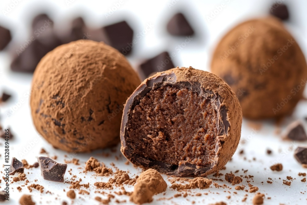 Poster decadent chocolate truffles displayed with cocoa powder and chocolate chips on a light background