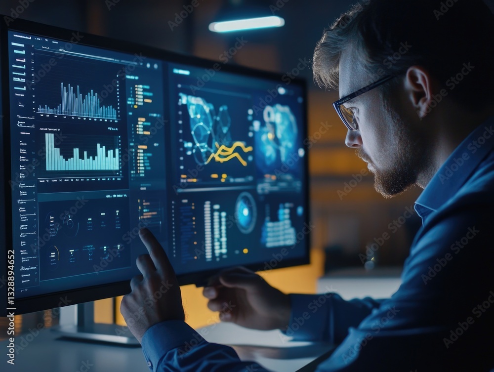 Poster A person studying the display on a computer monitor