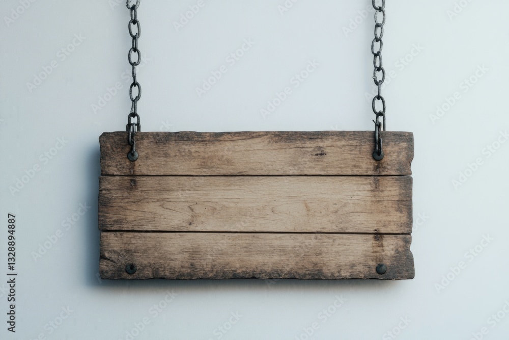 Poster a rustic wooden sign hangs from a chain on a wall, perfect for decorative or functional use