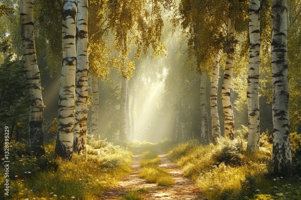 Aufkleber enchanting forest path illuminated by sunlight shining through birch trees during golden hour