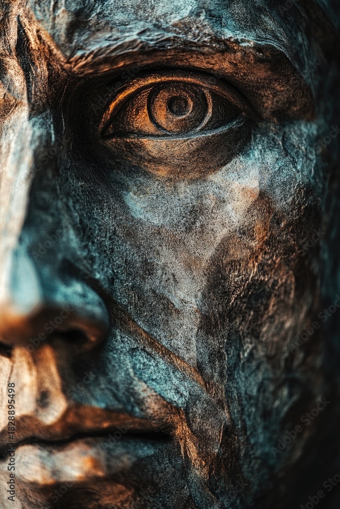 Poster a close-up shot of a detailed statue depicting a man's face, suitable for use in artistic or educati