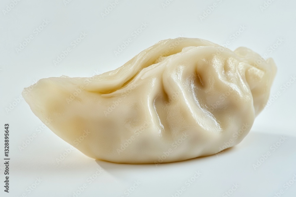 Poster a close-up view of a single dumpling on a clean white surface, ideal for food-related and culinary c