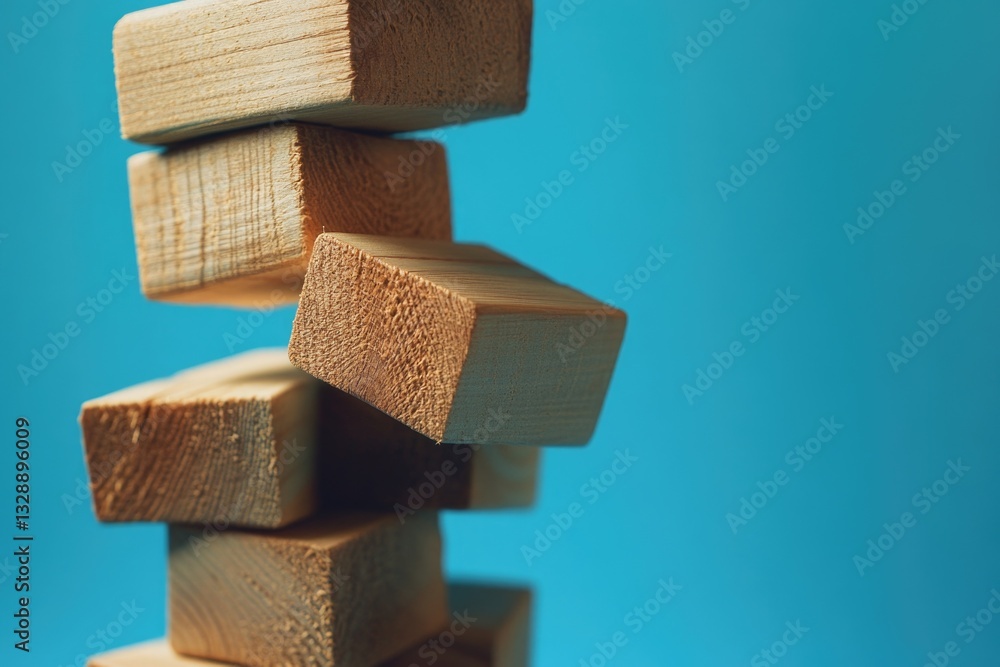 Poster A pile of wooden blocks stacked on top of each other, ideal for use in educational settings or as a creative play element