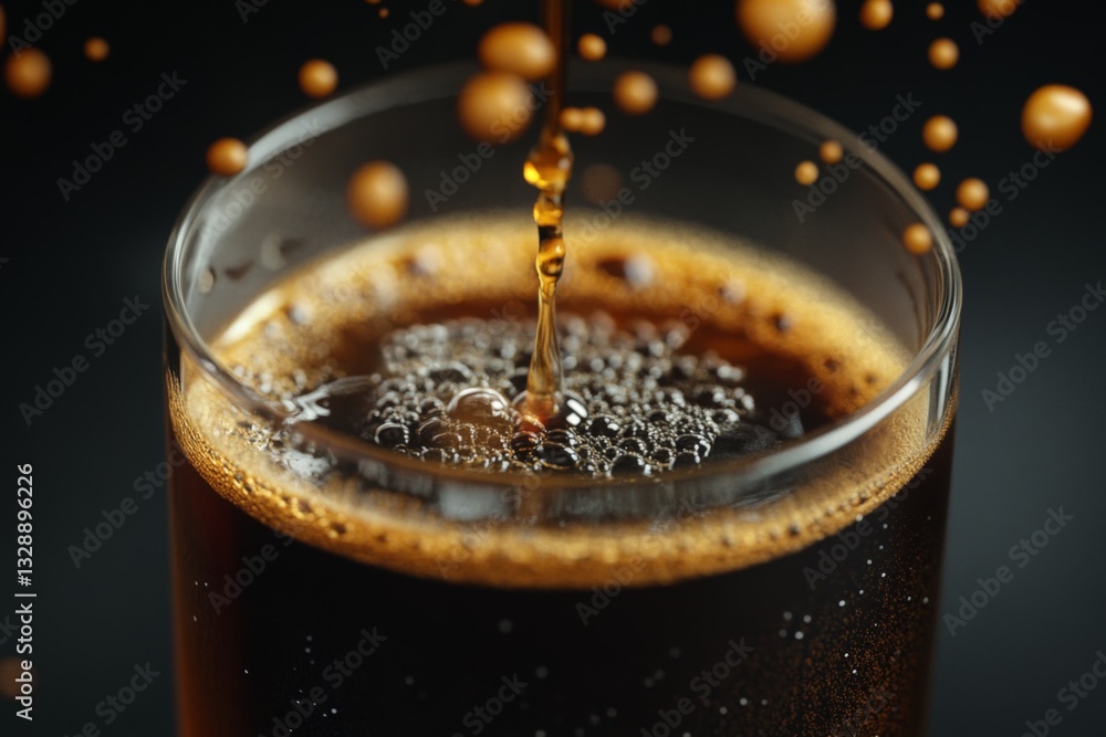 Poster dark, fizzy beverage bubbles rise in a clear glass as liquid pours in from above in a close-up view