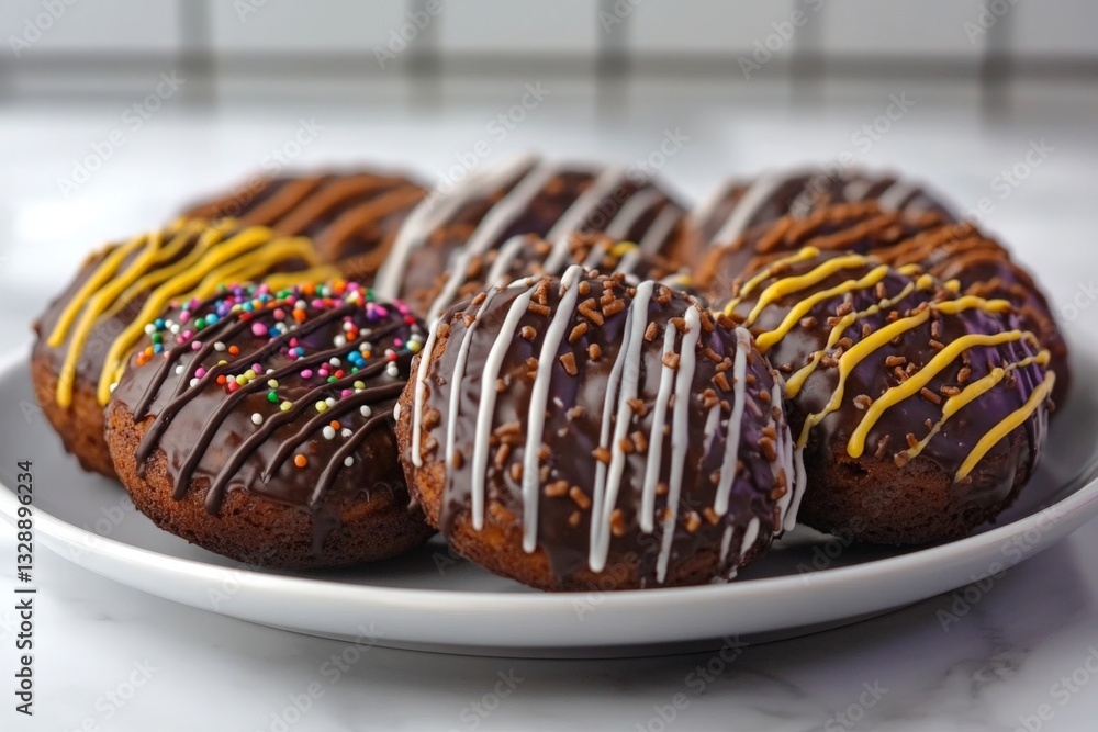 Aufkleber delicious chocolate-coated donuts with colorful toppings arranged on a white plate in a modern kitch