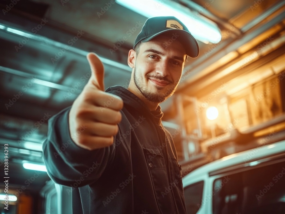 Poster a person showing approval in a car maintenance setting