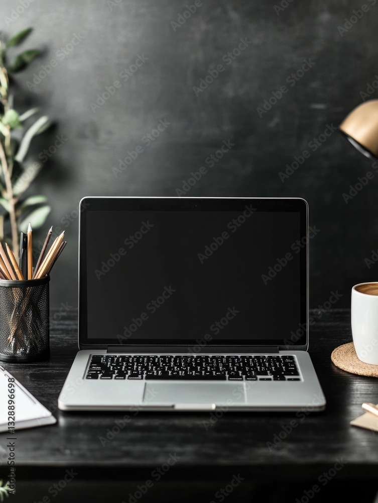 Poster a laptop computer sits on a wooden desk with a calm background