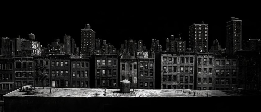 Fototapeta Black and white photograph of a cityscape at night, with bright lights and bustling streets