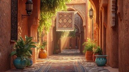 Serene Moroccan alleyway with traditional carpets and sunlit architecture