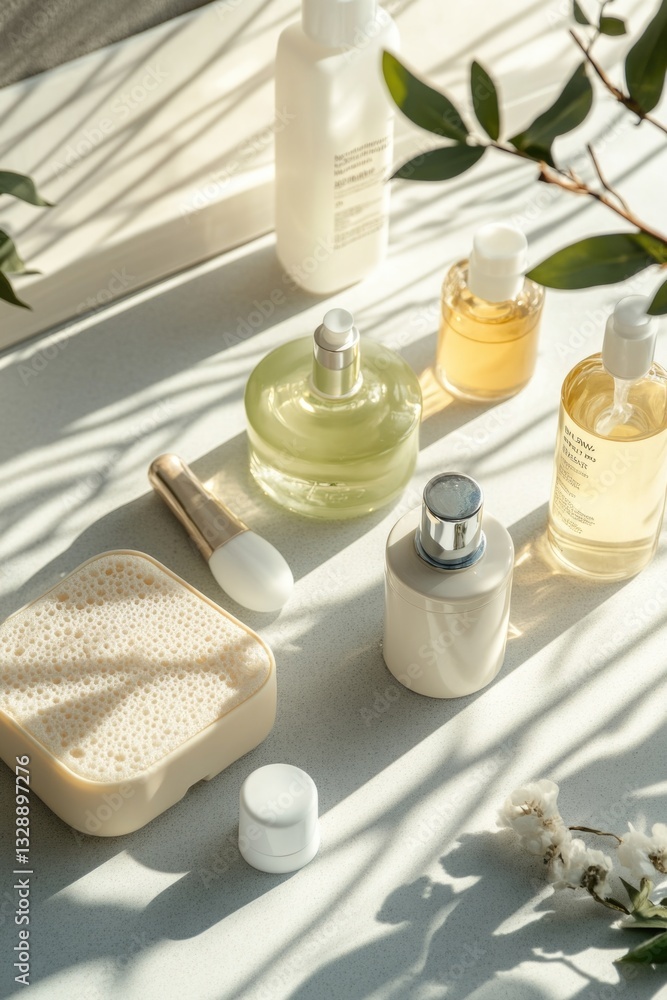 Poster a table with bottles of perfume and a soap dish, perfect for a spa or bathroom setting