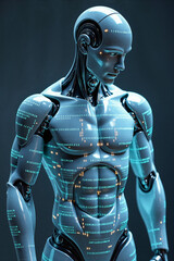 Fototapeta premium Robotic male torso covered in holographic programming codes - Generative AI 