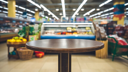 empty table top dais podium in grocery food store, product display platform pedestal background, supermarket table top mockup surface for retail product exposition,banner with copy space,generative ai