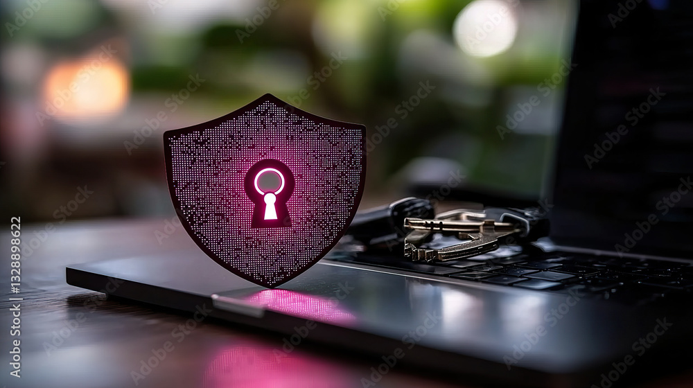 Poster digital security shield symbol and keys on a laptop computer