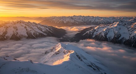 Majestic Sunrise Over Snowy Mountain Peaks and Cloudscape Aerial View