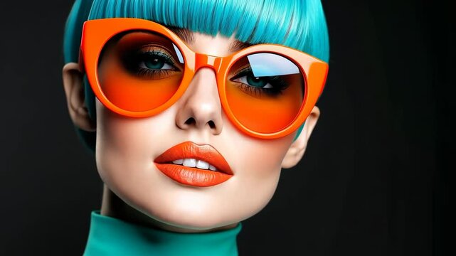 Woman with blue hair and orange sunglasses. She is smiling and looking at the camera. The sunglasses are large and orange, and they cover her eyes