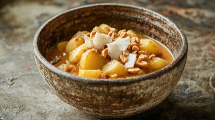 Delicious bowl of warm and creamy sweet potato stew topped with toasted nuts and fresh coconut flakes