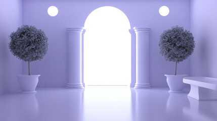 serene modern interior with two potted trees and archway