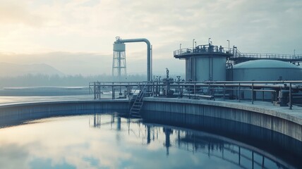 Obraz premium Industrial water reservoir with pipelines and infrastructure, showcasing modern engineering and resource management.