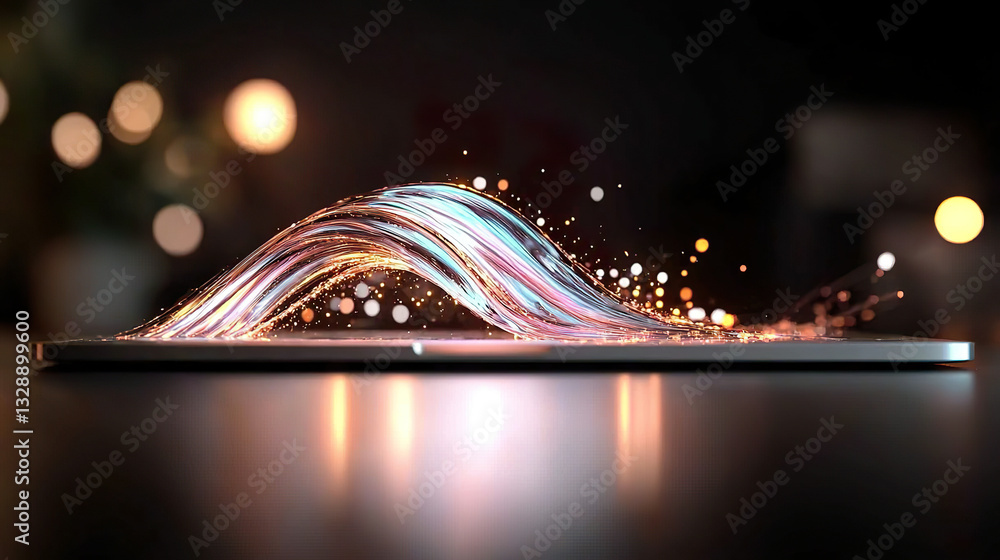 Poster illuminated abstract light streams flowing from a sleek digital device