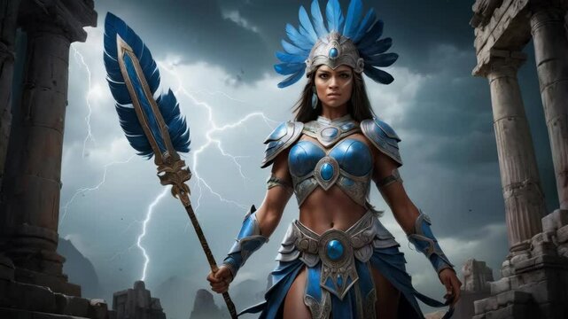 A powerful, mythical female warrior standing amidst ancient ruins