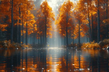 Obraz premium Mystical Forest with Ancient Trees and River Fog Autumn Light Rays Scenic Background Concept Art Digital Painting