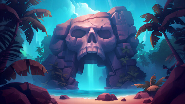 Skull island illustration. Skull cave entrance illustration. Treasure hunt background. Pirate cave. Pirate hideout. Gate to pirate cave. Pirate game background. Secret chamber. Skull-shaped rock.