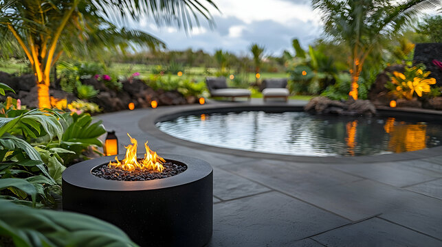 A serene outdoor scene of a tranquil pool and firepit