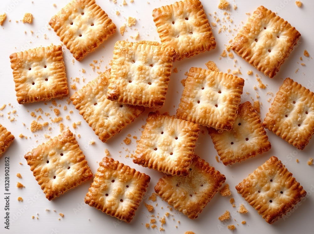 Poster crispy cookies and crackers floating in air with crumbs on white background