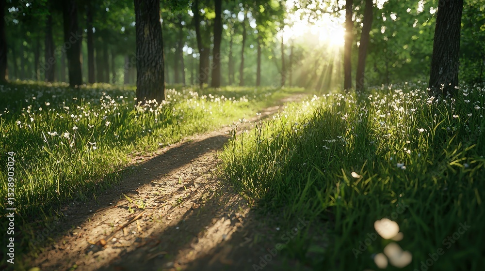 Poster a lush forest path illuminated by sunlight filtering through