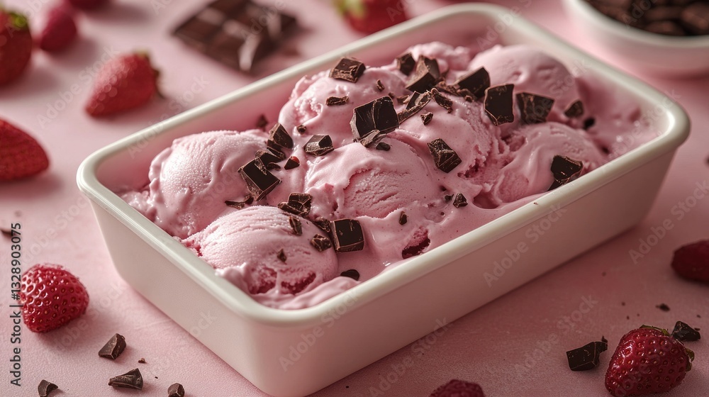 Poster top view of a container filled with strawberry chocolate chip ice cream on a light pink background w