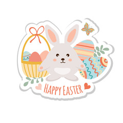 Happy easter sticker. Cute little rabbit with easter eggs on white background. Can be add text. Design for banner, poster, postcard. EPS10.