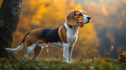 Beagle Dog Standing in Autumnal Forest
