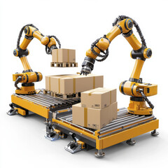 Automated robotic arms stacking boxes on conveyor belts in warehouse