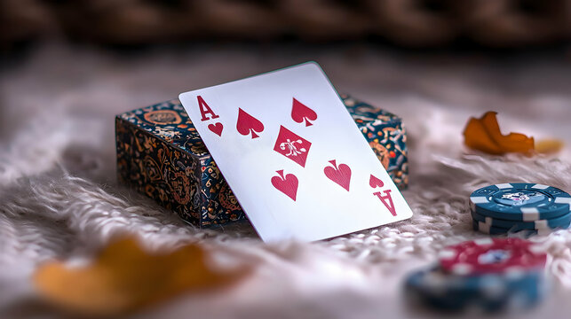 Ace of hearts resting against a decorative playing card box - Powered by Adobe