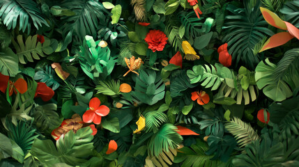 Obraz premium Lush green foliage with vibrant flowers creates tropical paradise