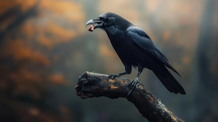 Fototapeta premium Raven on a Branch with Prey in its Beak