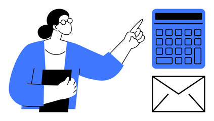 Woman pointing toward a calculator and an envelope, symbolizing financial calculation or planning. Ideal for finance, education, accounting, communication, analytics, organization teamwork. Flat