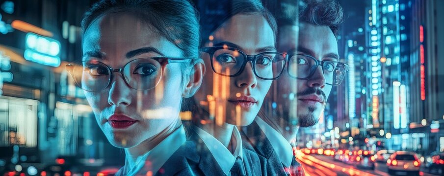 Group portrait of diverse people against a city at night