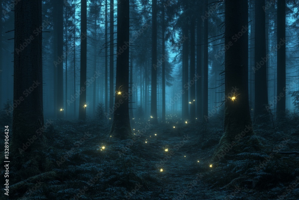 Poster Enchanting forest path illuminated by glowing fireflies in twilight