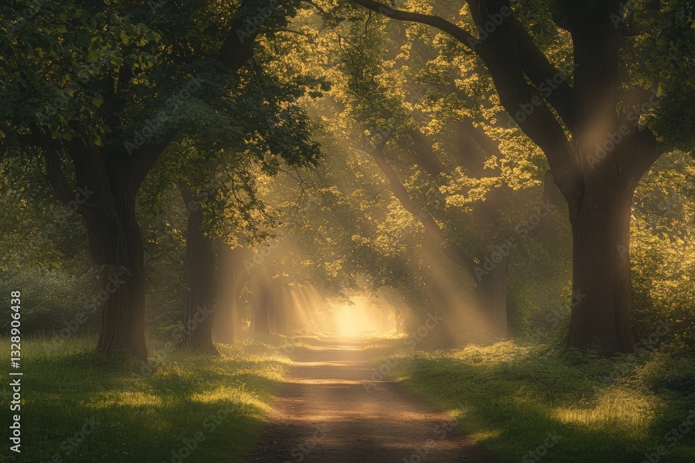 Aufkleber Sunlight filters through trees along a tranquil forest path in the early morning hours