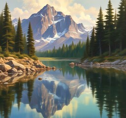 Naklejka premium Illustration of lake landscape with mountain and water reflection.