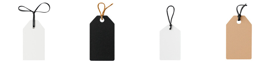 Collection of various blank clothing product or price tags in different colors and styles including white black and beige labels with strings or ropes for hanging or attaching