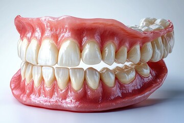 Obraz premium High Detail Ceramic Dental Dentures Upper Lower Jaws Prosthetic Teeth for Implant Fixation on White Background