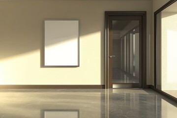 Modern hallway with empty poster and glass door
