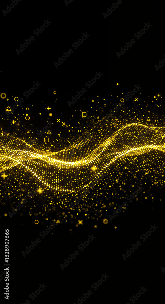 Poster golden wave: abstract black & gold dotted pattern, glittering shapes & sparkling particle flow - mod