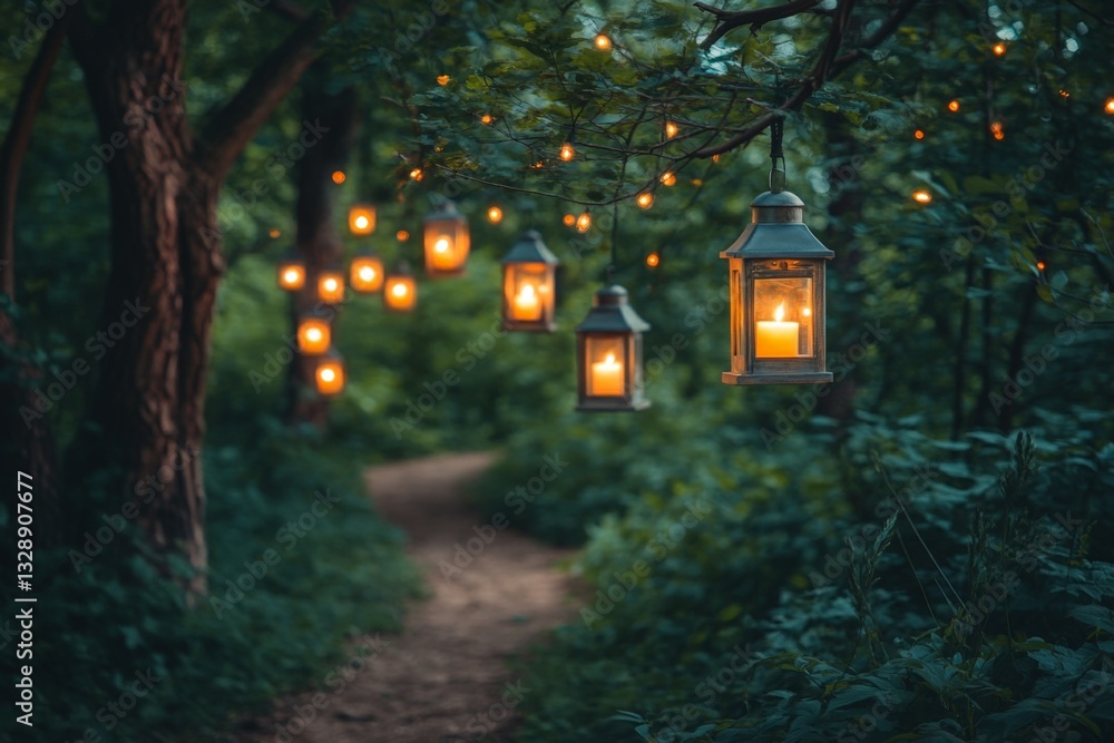 Poster lanterns illuminate a wooded pathway, creating a serene atmosphere for evening strolls in nature